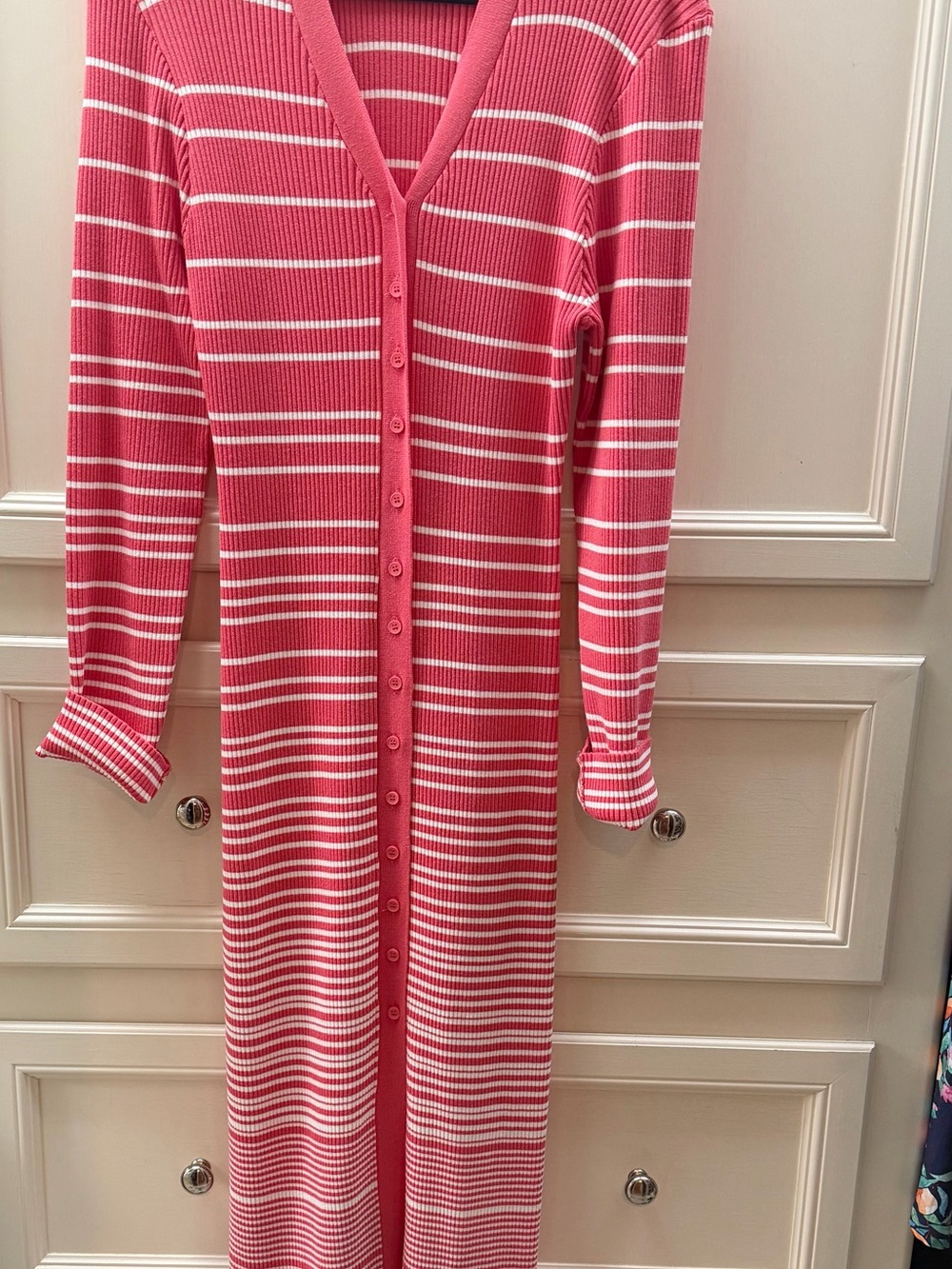 Striped Pink & White Button-Front Ribbed Midi Dress